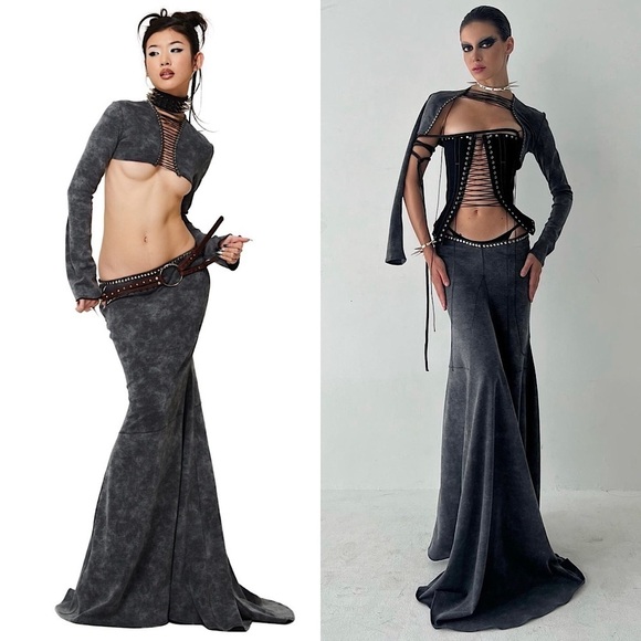 FANCI CLUB Studded Trim Low Waist Charcoal Grey Withering Betrayal Maxi Skirt S - Picture 1 of 10